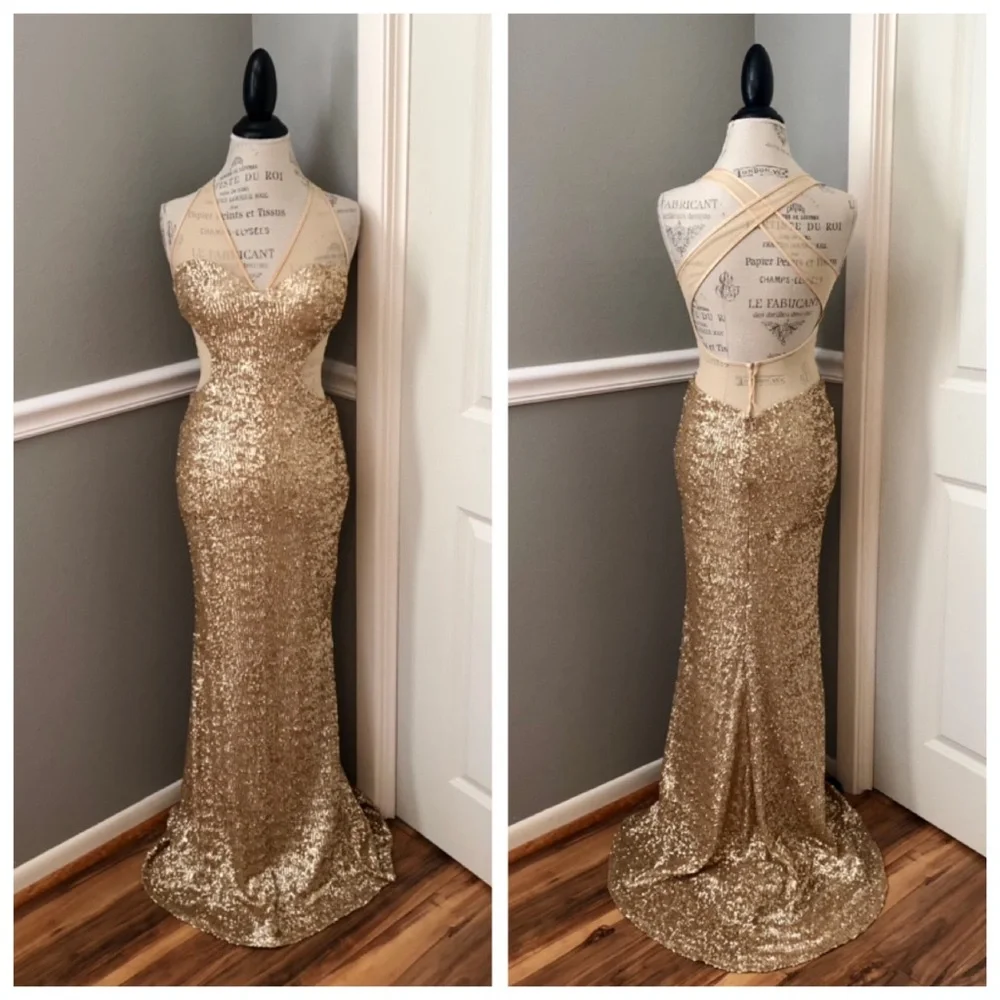 🔴CLEARANCE NEW FAVIANA SZ 4 GOLD NUDE ILLUSION SEQUIN STRAPLESS CUT OUT GOWN - Picture 1 of 12